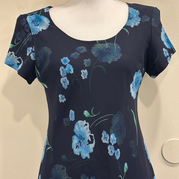 VTG 90s Jessica Howard Navy Blue Floral Chiffon Shift Dress Fairy Cottage Small - Picture 3 of 9